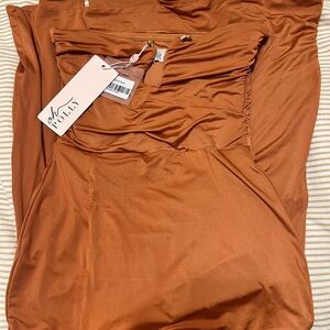 Oh Polly Strapless Thigh High Split Midi Dress in Tan NWT